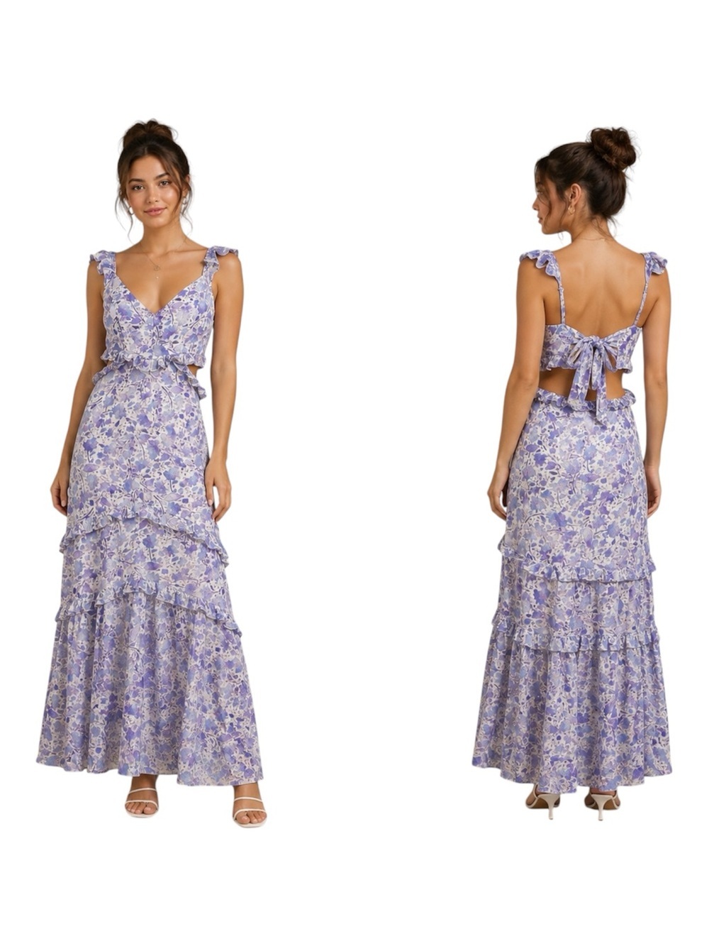 Astr The Label Cassis Dress S Blue Floral Maxi Ruffled Flowy Painterly Pastel